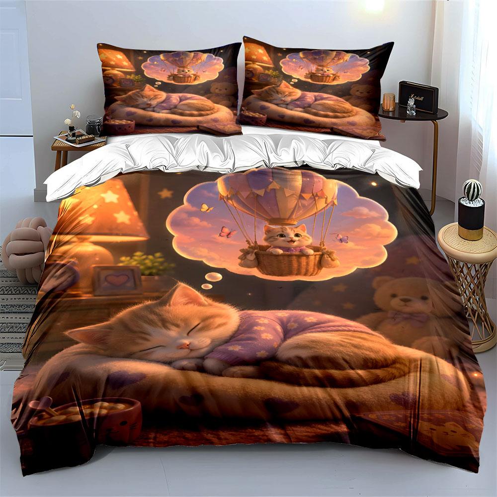3Pcs Dreamy Hot Air Balloon Cat Journey Duvet Cover Set With 3D Printing Design Soft Polyester Bedding Set All-Season Comfort