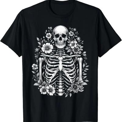 Camiseta Gótica Estética de Flores de Esqueleto Floral