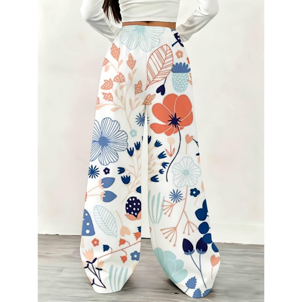 floral printed wide-leg sweatpants, drawstring waist design, women's comfortable and loose version