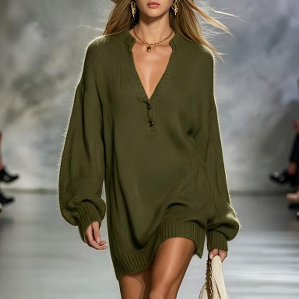 Women's V-Neck Color Knit Sweater Dress Long Sleeve for Casual Wear