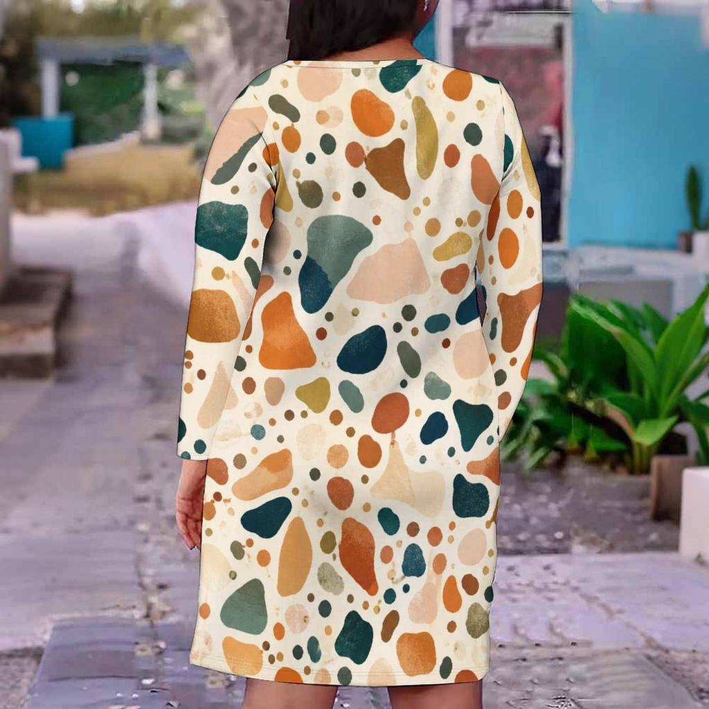 Women Plus Size Blue Pink Geometric Printed V Neck Long Sleeve Fitted Dress