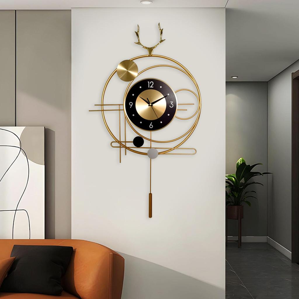 Wall Clock for Living Room Decor Metal Deer Horn Swinging Gold Pendulum Geometric Wall Clock Decor for Office Bedroom