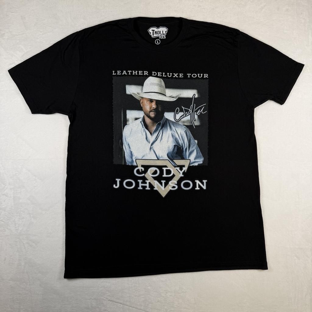Troll Tees Cody Johnson Leather Deluxe Tour Graphic T-Shirt Size Large Black
