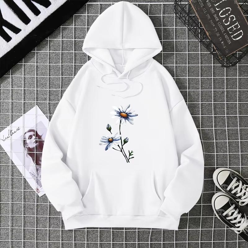 2025Creative White chrysanthemumPattern Women clothing Soft Simplicity hoddy Hot Sale Basics Streetwears Personality Hip Hop Top