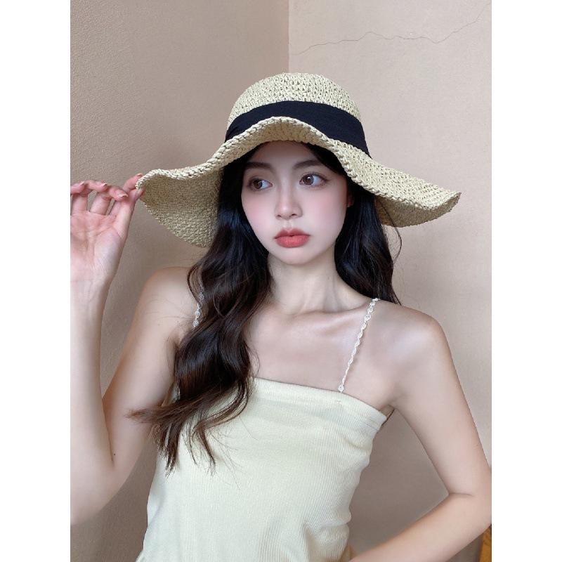 Straw Hat Female Korean Spring and Summer Seaside Beach Vacation Eaves Foldable Sun Protection Bucket Hat Bow