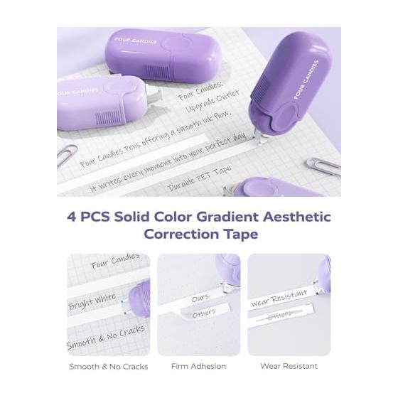 Four Candies Purple Stationery Set with Gel Pens, Correction Tape, Pastel Highlighters, Mechanical Pencil, Sticky Notes & Index Tabs - Study