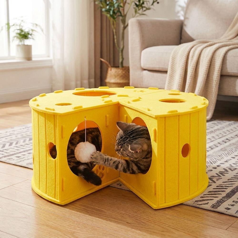 Verschleißfeste Filz-Katzenbett Atmungsaktiv Halbgeschlossen Kratzbrett für Katzen Mehrloch-Komfortable Schlafkatzen Käsehaus