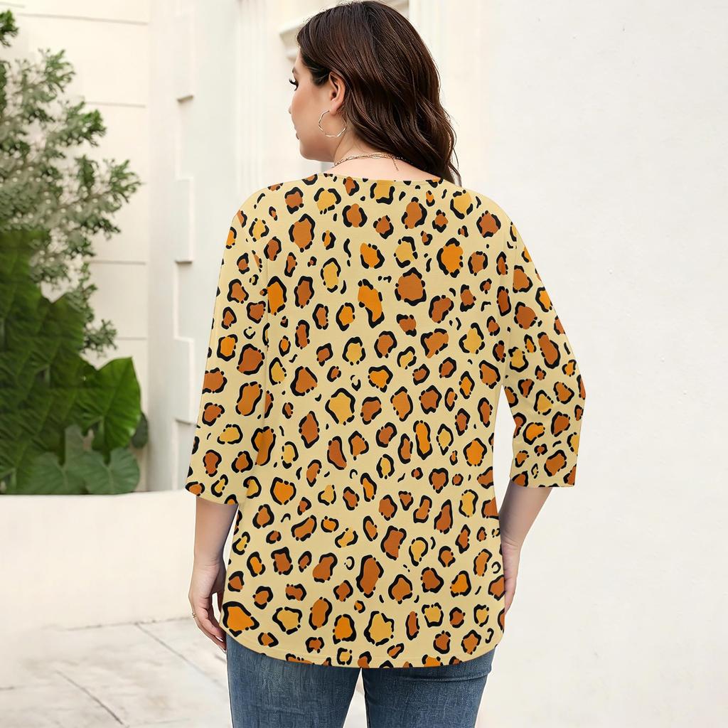 Blusa Floral Feminina Plus Size com Manga Três Quartos, Blusa Casual, Túnica de Corte Amplo para Primavera Verão, Uso Diário, Trabalho e Saídas