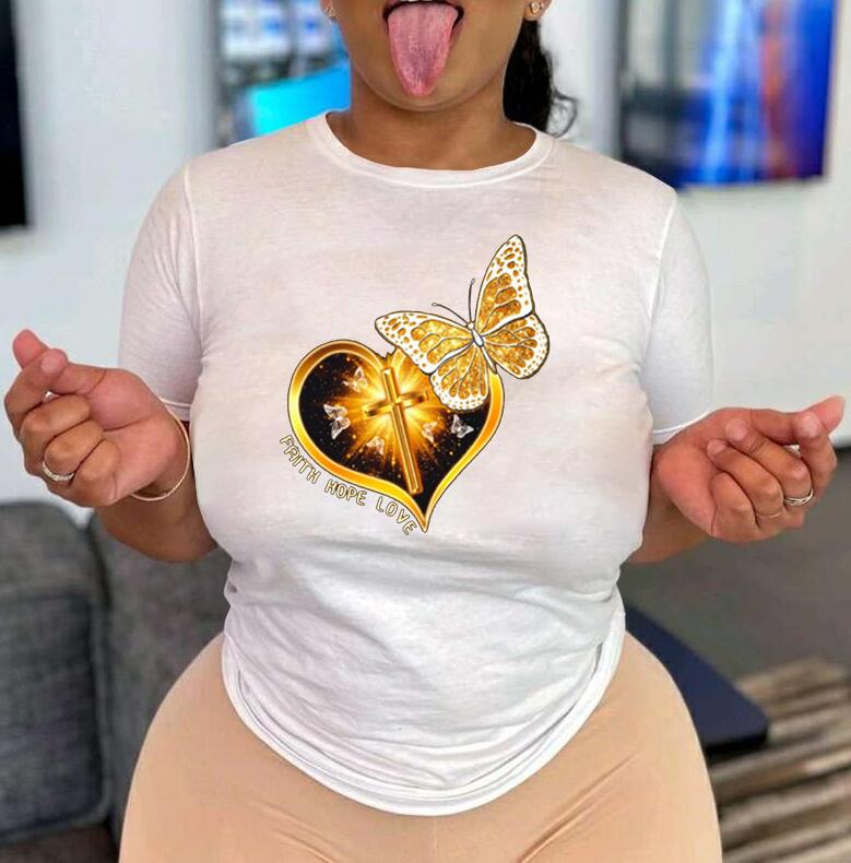 Women's Round Neck White Short-sleeved T-shirt Fashion Printed Valentine's Day Base Shirt Aesthetic Clothes Summer Polyester