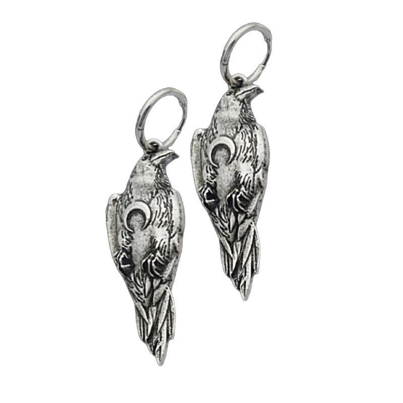 Retro Gothic Crescent Raven Bird Dangle Earrings Necklace Premium Alloy Jewelry Set for Halloween Party Friend Gift