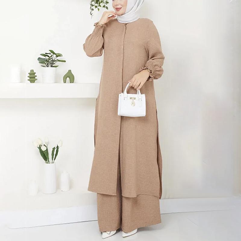 Elegant Women's Two-Piece Set: Long Sleeve Shirt & Wide-Leg Pants with Side Slit - Arabic Style
