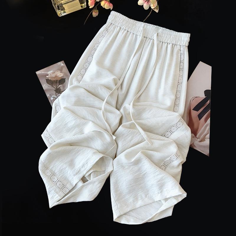 

Женские белые хлопково-льняные брюки с широкими штанинами и кружевной отделкой - Весна 2025 Стиль высокого класса для лета 27/M for 85-100 kg кремовый/белый