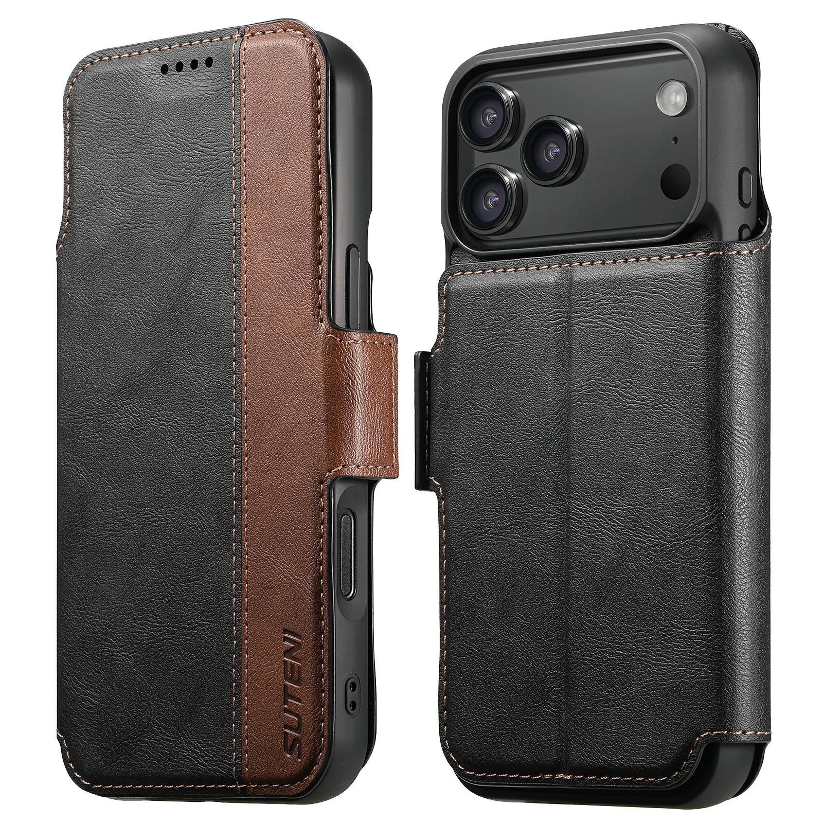 

SUTENI Q-07 For iPhone 17 Pro Max Case Magnetic Color Splicing Cowhide Texture Leather Cover Black