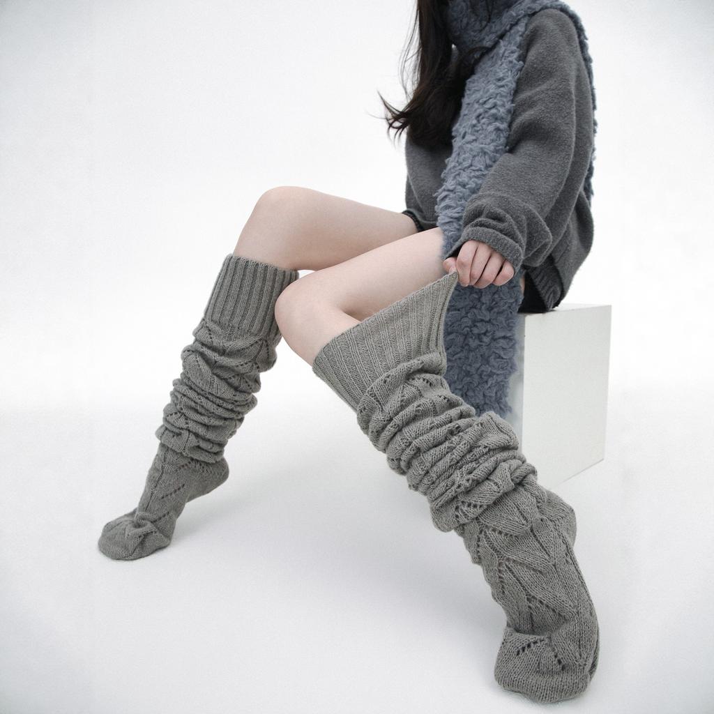 Autumn And Winter Knee Stacking Socks Children'S Knitted Wool Warm Long High Tube Socks Mesh Hollow Non-Slip Vertical Pattern Thigh Socks