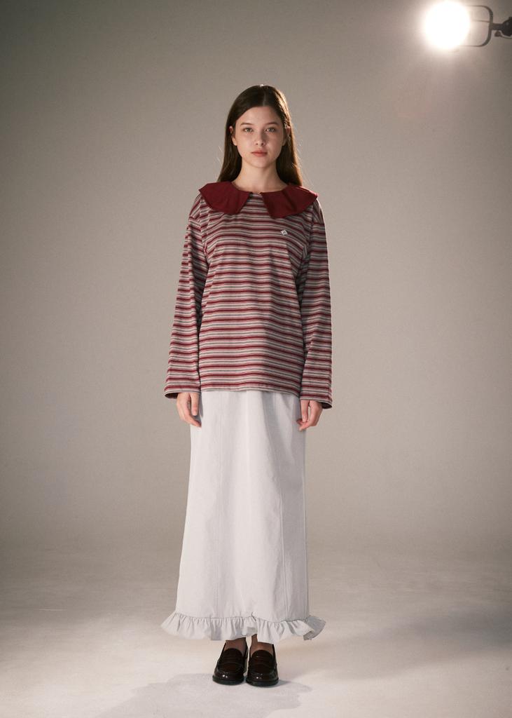 Pibeuseupibeuseu Stripe Big Collar Jersey Top / Burgundy