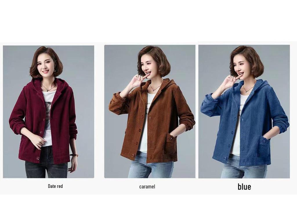 2023 Women's Korean Style Loose-Fit Corduroy Jacket with Velvet, Available In Plus Sizes for Spring, Autumn, and Winter.