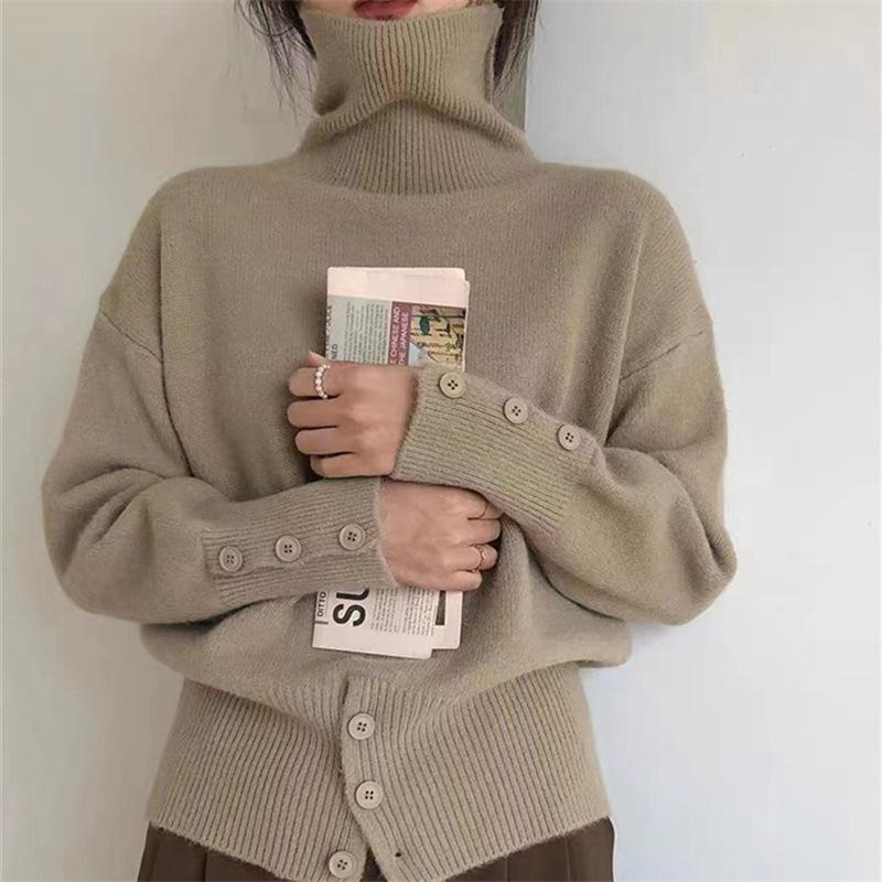 Design Sense High Waist Button Pullover Turtleneck Sweater Women's Autumn and Winter Retro Lazy Style Wear Knitted Sweater