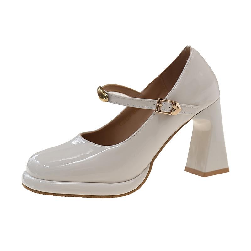 Mary Jane shoes spring 2025 new one-word with sexy high heels patent leather round head thick heel waterproof table shoes