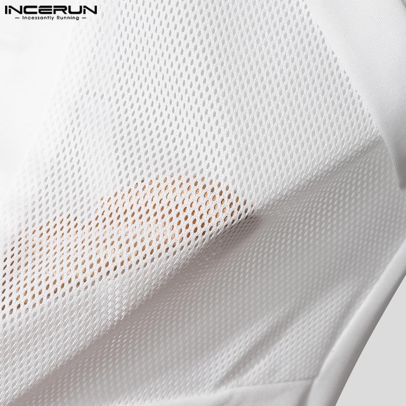 INCERUN Men Lapel Cutout Sleeveless Mesh Patchwork Fitted Shirts Tank Tops