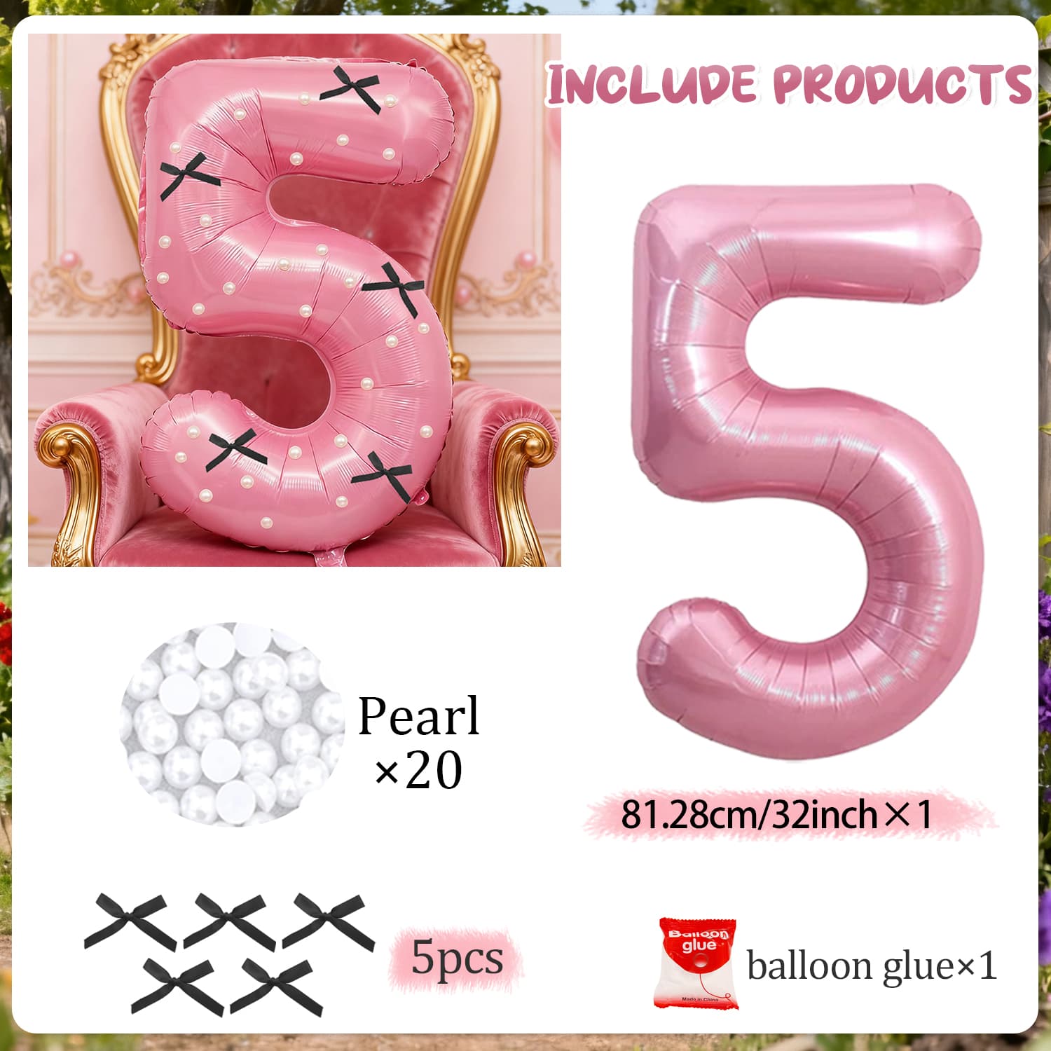 

Pink digital balloon set, including simulated pearls and ribbon bows for anniversary and birthday party decoration Other