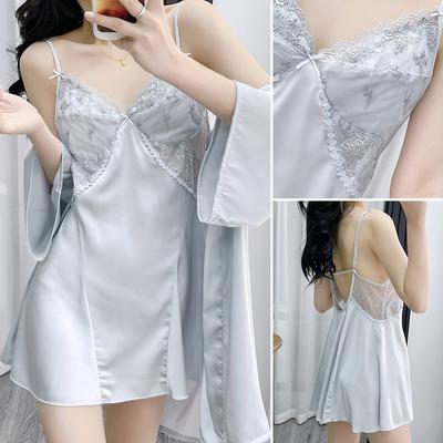 Women 2PCS Robe Set Embroidery Flower Nightgown Lingerie Sexy Lace Backless Nightdress Sleepwear Loose Satin Bathrobe Home Dress