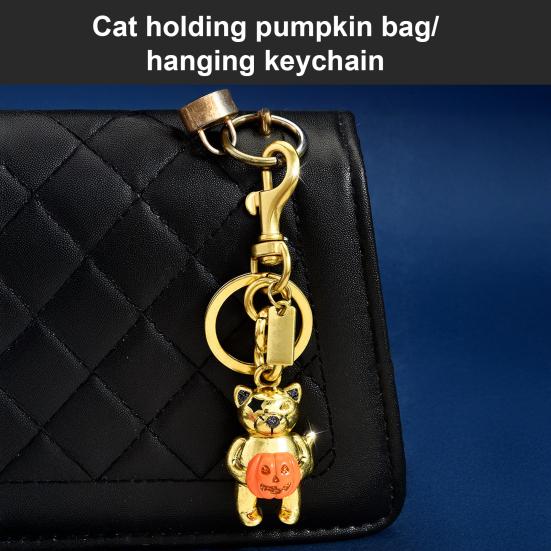 Handbag Decorative Accessory Halloween Cat Holding Pumpkin Keychain, Metal Car Key Ring Holder, Backpack Hanging Decor