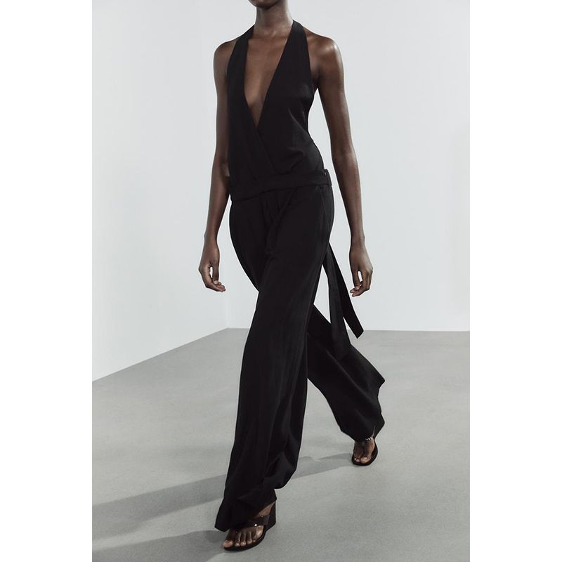 Spring and Summer New Women's Clothing Bows Decorative Linen Blend Open Back Double Breasted V Neck One-Piece Pants 3152358