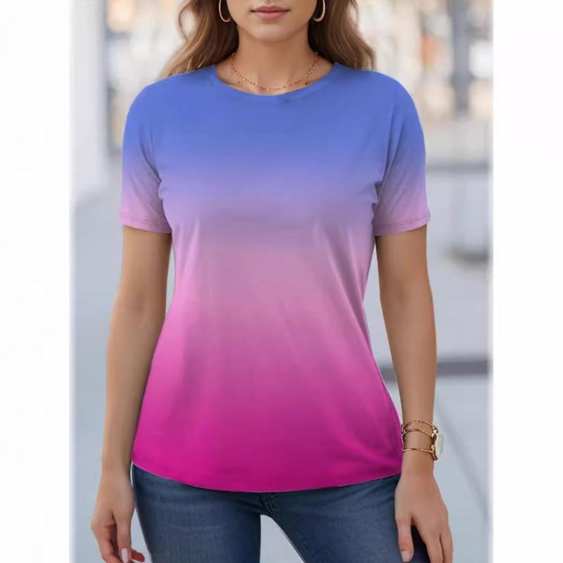 T-shirts de Verão Coloridas com Gradiente Estampa 3D Feminina Gola O Manga Curta T-shirt Streetwear Harajuku Y2k Tees Tops Roupa Feminina