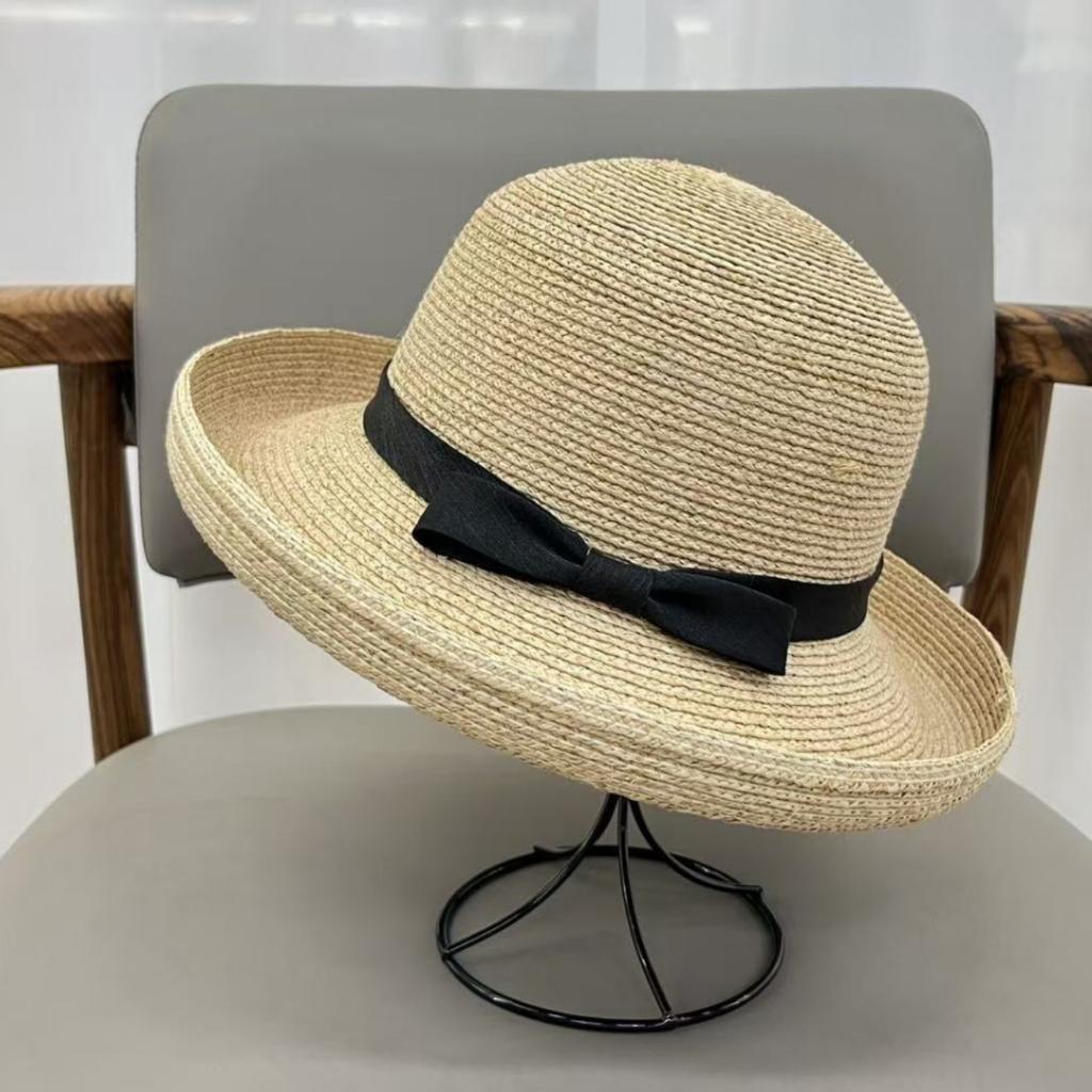 High-end natural raffia bucket hat women's summer travel seaside sunshade sunscreen crimped basin hat