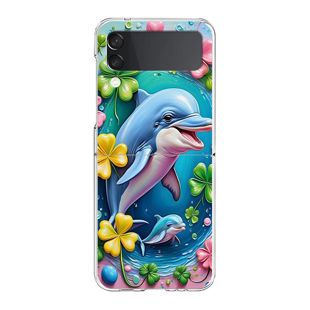 Phone Cover For Samsung Galaxy Z Flip 7 6 5 4 Case Transparent For Samsung Z Flip 3 Hard PC Shell Ocean Cute Dolphin Sea Turtle