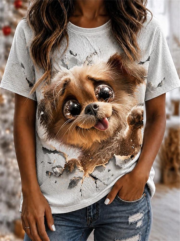 Women's Summer Round-Neck Casual T-Shirt: Artistic Short-Sleeve T-Shirt with Abstract Line Dog Print Minimalist Streetwear Top