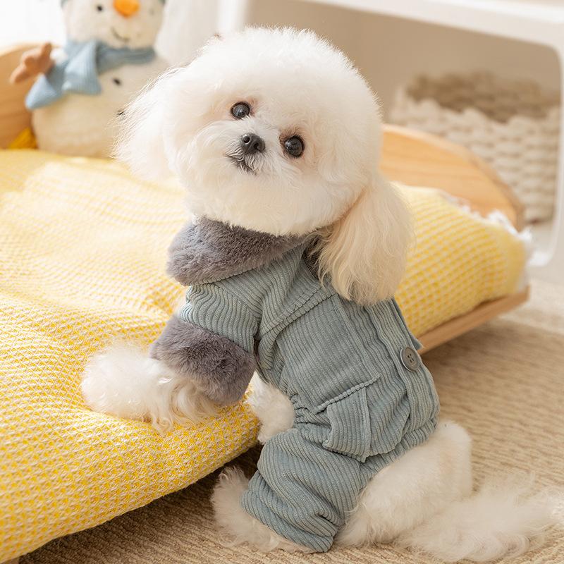 Plush collar corduroy dog clothes winter warm medium and small dog four-legged cotton-padded clothes pet four-legged clothes