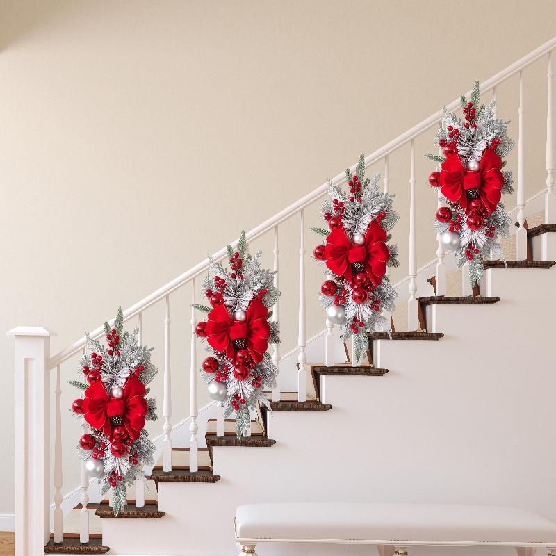 2/4pcs Red Christmas Flocked Garland - 22.83" Large, with Balls & Bow, Front Door/Stair/Window Wall Decor, No Electricity
