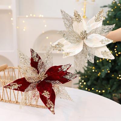Flannel Fabric Christmas Artificial Flowers Plastic 29cm Glitter Fake Flower Glitter DIY Glitter Poinsettia Christmas Decor