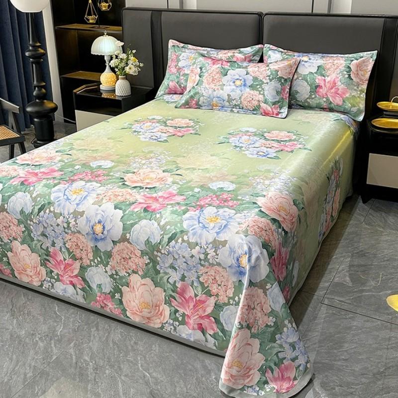 Nordic Style Floral Printed Cooling Mat Set Summer Skin Friendly Ice Silk Bed Sheet Set With Pillowcase Breathable Bed Mattress
