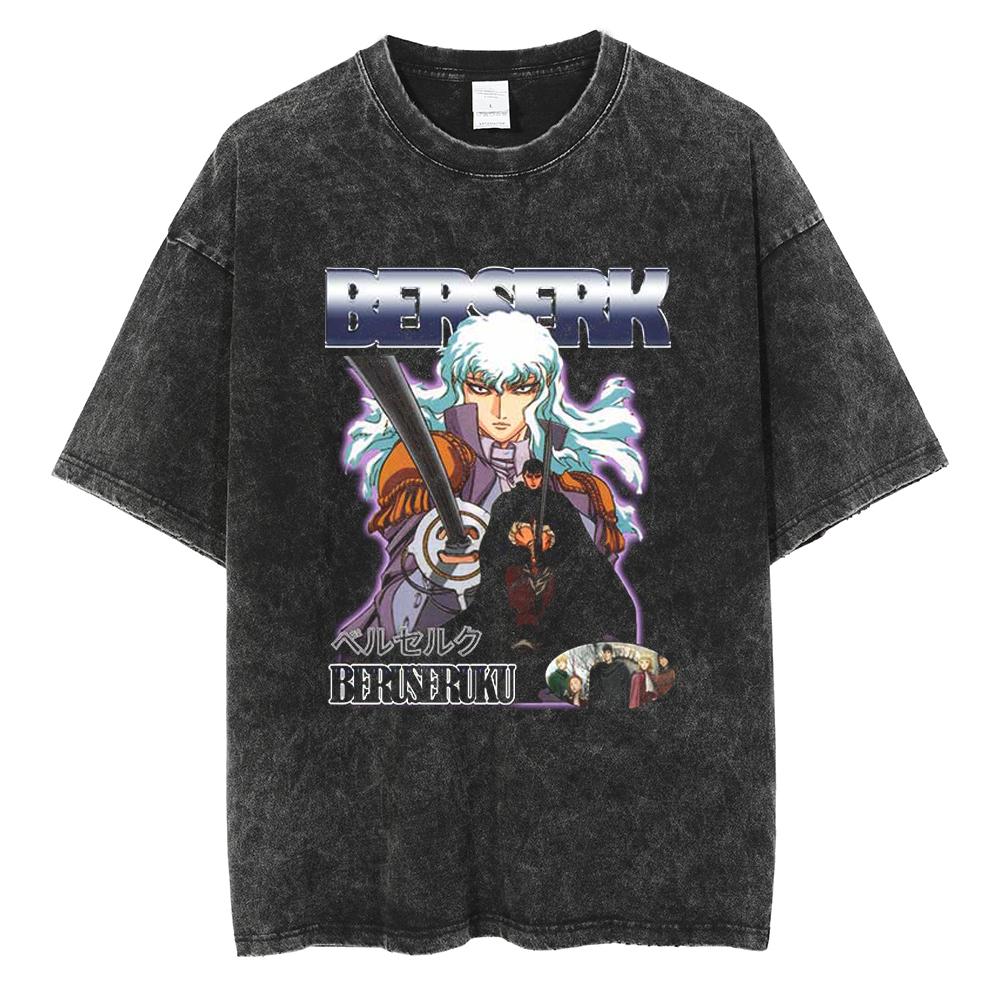 Vintage Washed Berserk TShirt for Men Women Retro Anime Skull Graphic Tees Oversized Streetwear Cotton Short Sleeve T Shirts