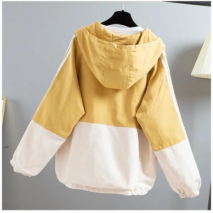 Women's Spring and Autumn Long-sleeved Zipper Jacket Patchwork Color Loose Hooded Baseball Suit
