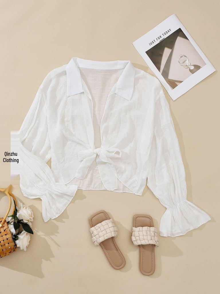 Long-Sleeve Bamboo Cotton Beach Cover-Up with Front Tie for Women
