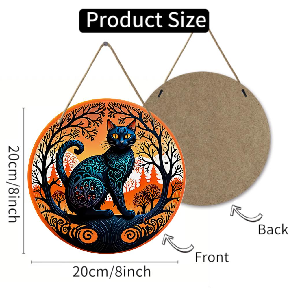 Decorative Black Cat Nature Landscape Print Round Wooden Hanging Plaque Indoor Wall Art Ornament Festival Home Decor Gift for Cat Lovers