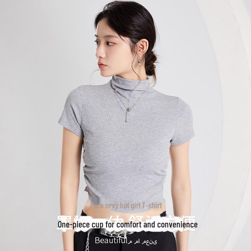 Women's Slim High Collar Short Sleeve T-Shirt with Chest Pads