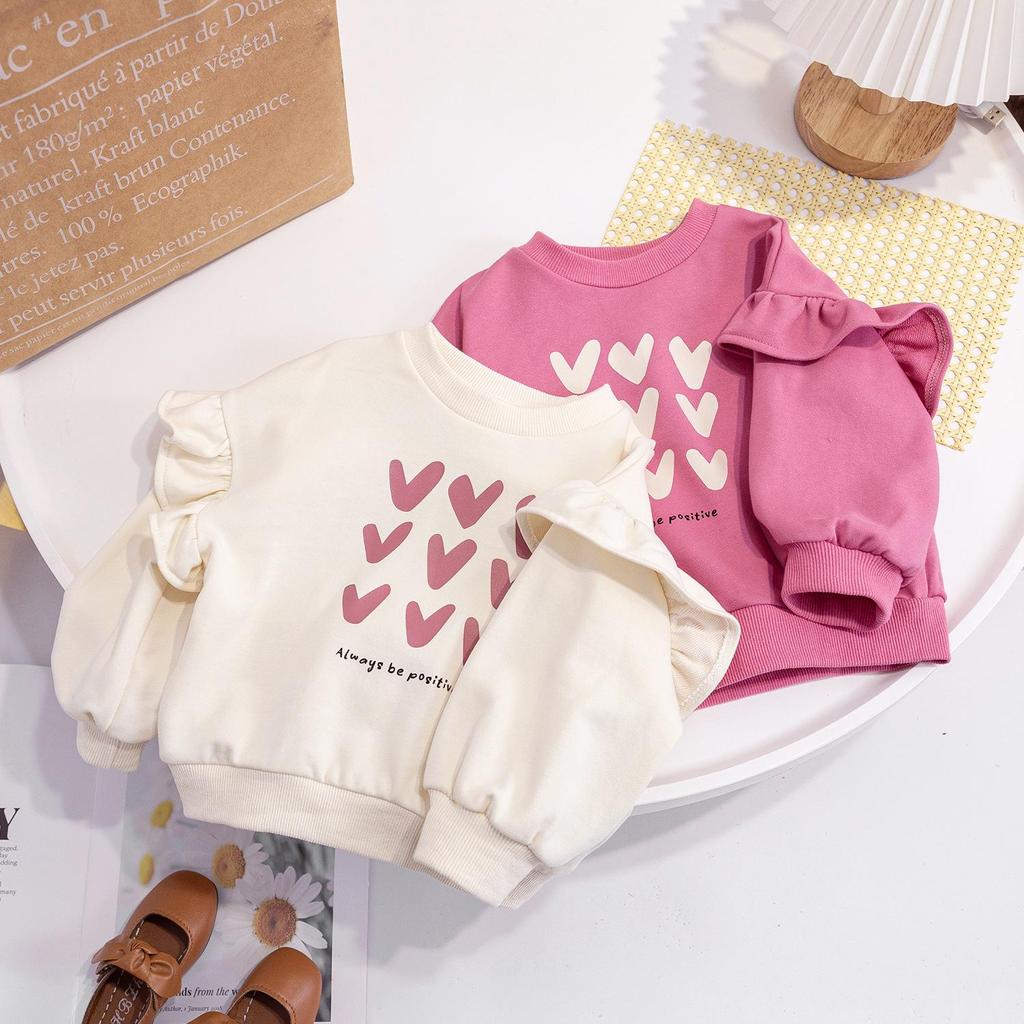 2024 Spring Cute Heart Print Pullover for Girls - Casual Crew Neck Sweatshirt for Baby and Children.