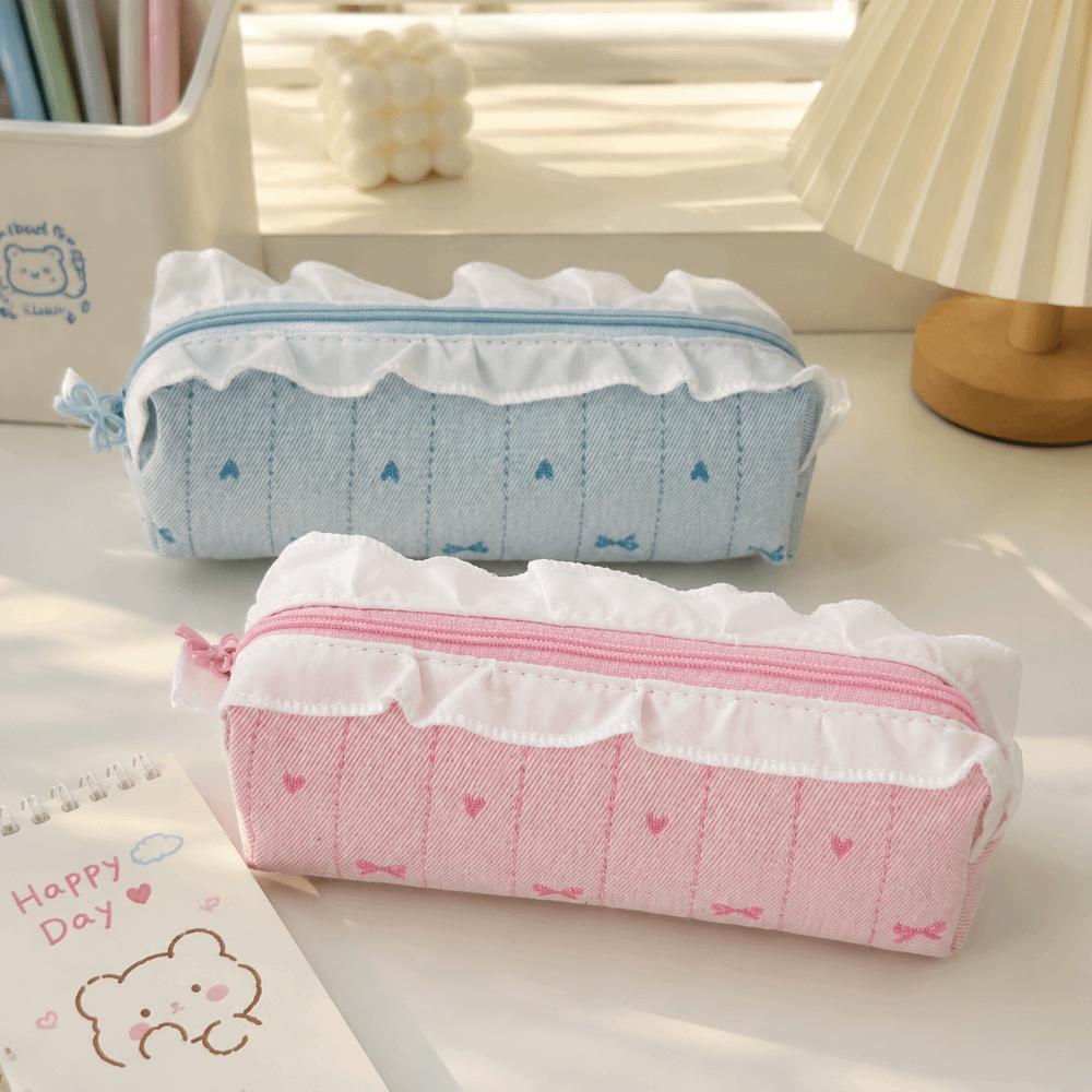 Korean Style Ballet Pencil Case Ruffle Lace Bow Embroidery Pencil Pouch Large Capacity Stationery Organizer Students