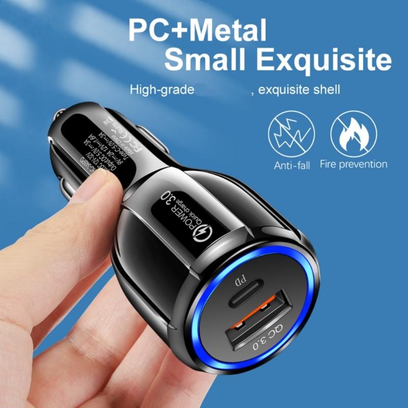 High Speed Charging Car Adapter with 1xUSB C and 1xUSB Double Port 30W Total Output for Efficient Device Charging