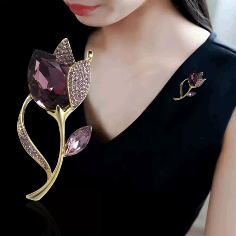 Vintage Luxury Purple Crystal Tulip Flower Brooches For Women Elegant Clothes Suit Accessories Brooch Pins Party Jewelry Gifts