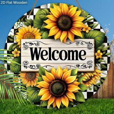 Encantador Letrero de Bienvenida de Madera con Patrón de Girasol - Decoración de Pared Rústica con Fondo Ajedrezado, Diseño Floral Vibrante para Decoración de Puerta Principal