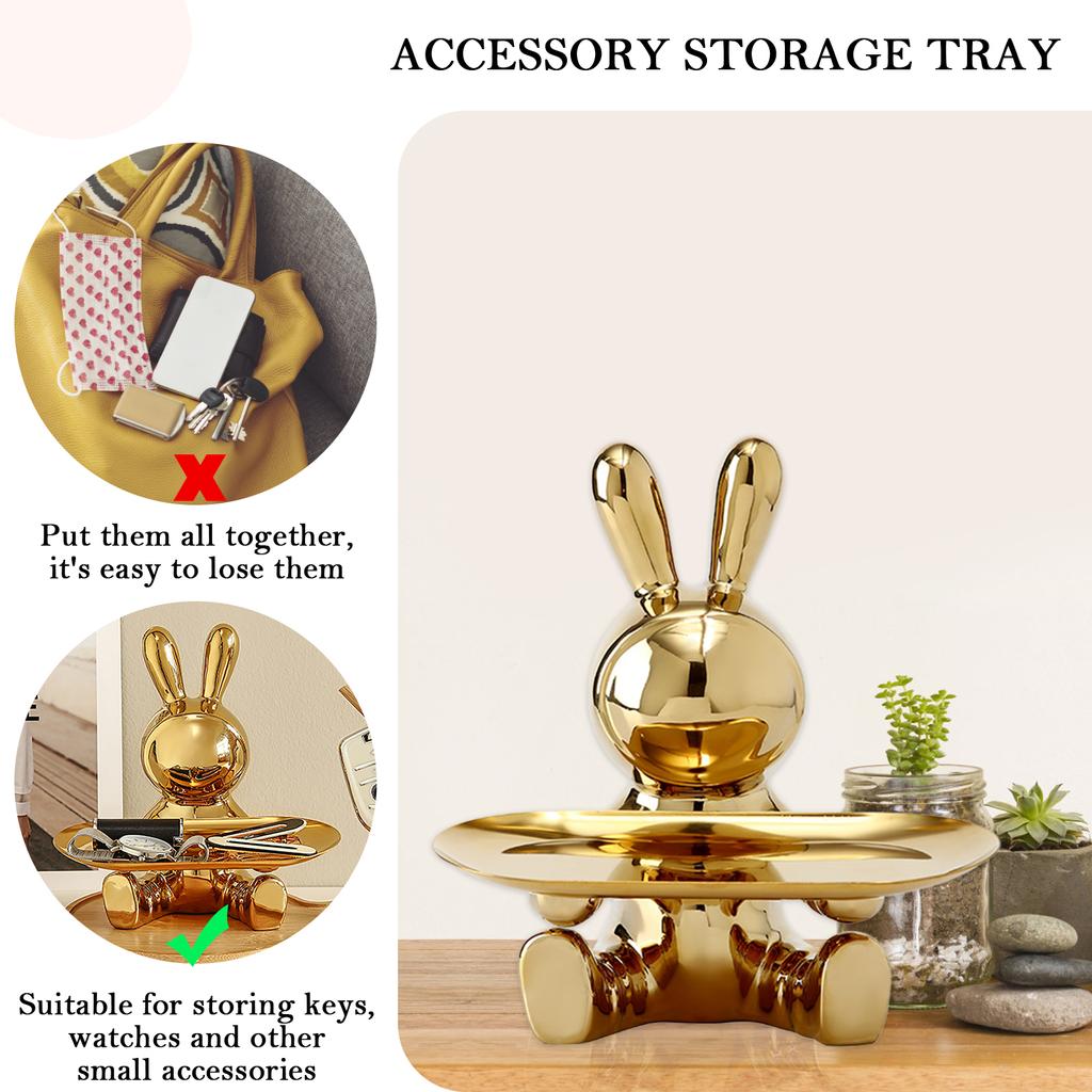 Ceramic Entrance Storage Tray Rabbit Statue Craft Electroplating Rabbit Figurines Organizer Tray Home Decor for Home Living Room