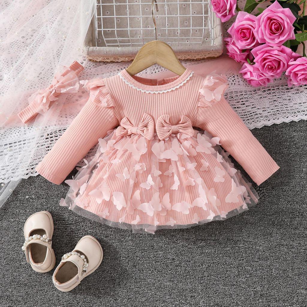 Infant Girls' Butterfly Mesh Dress with Headband and Long Sleeve Ribbed Jumpsuit