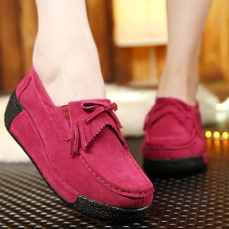 Cow Suede Women Wedge Heels Fashion Macrame Platform Shoes Elegant Middle-aged Mother Shoes Slip-on Loafers