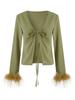 Women Spring Autumn Crop Tops Long Sleeve V-neck Lacing Feather Slim Fit Autumn Shirts for Club Party