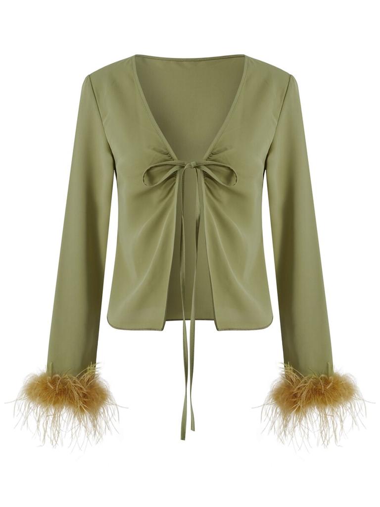 Women Spring Autumn Crop Tops Long Sleeve V-neck Lacing Feather Slim Fit Autumn Shirts for Club Party